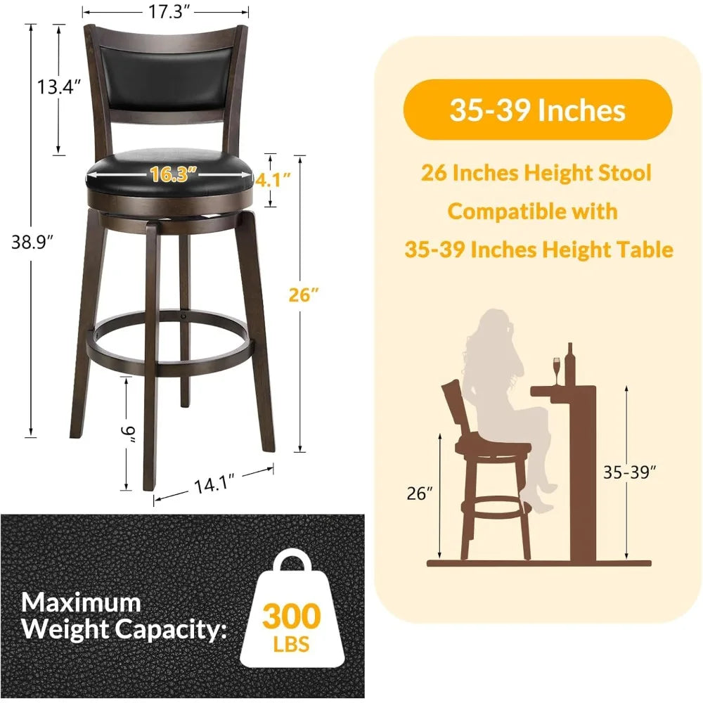Swivel Bar Stools Set of 2, 26 Inch Counter Height Barstools, Black Faux Leather Bar Stool with High Backrest & Solid Wood Legs