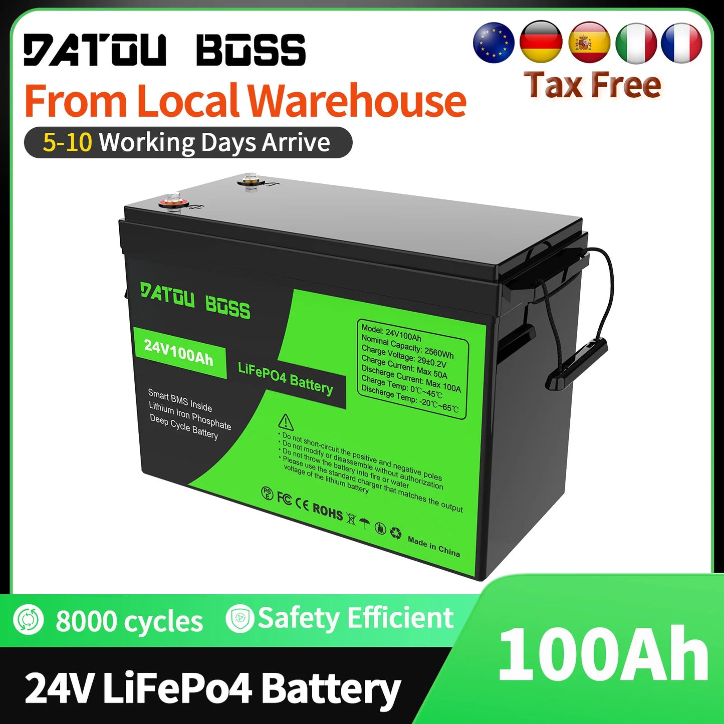 DATOUBOSS 24V 100Ah 2560Wh Lithium LiFePO4 Battery with 100A BMS Perfect for RV,Golf Cart,Solar Power System,Trolling Motor