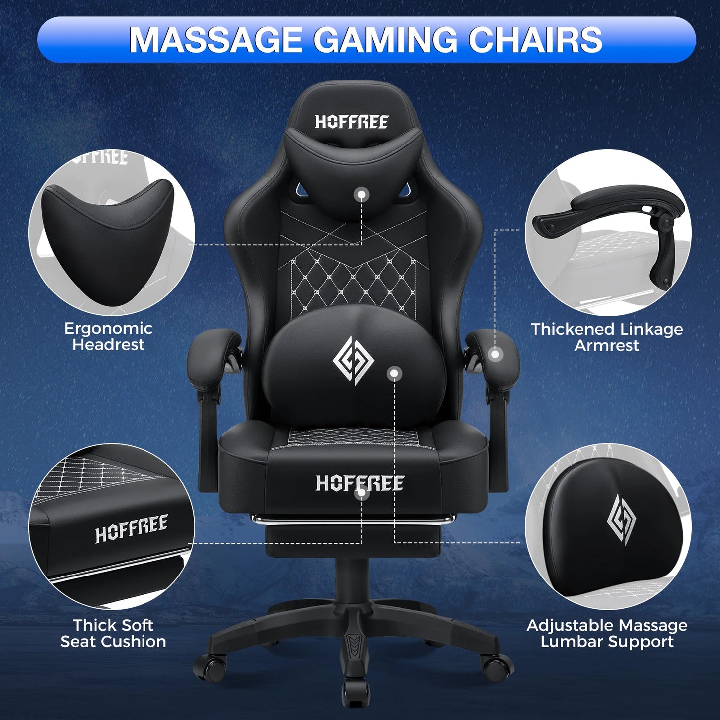 Leather Gaming Chair with Footrest Bluetooth Speaker Dual Function Massage Height Adjustable Recliner Computer Office Chair Sofa