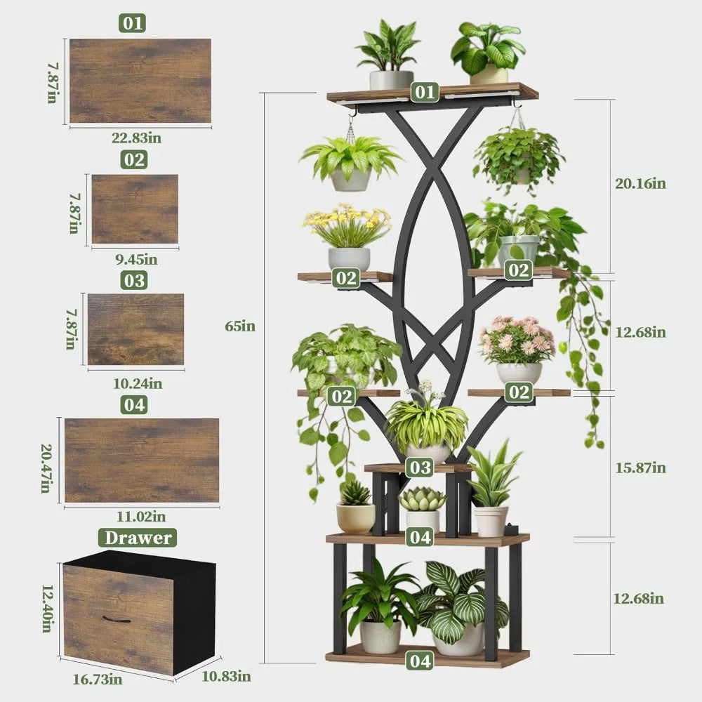 Stand Indoor with Grow Lights - 8 Tiered Plant Shelf with Storage Drawer, 65' Tall Plant Shelf with Grow Light & 2 Hooks, Co