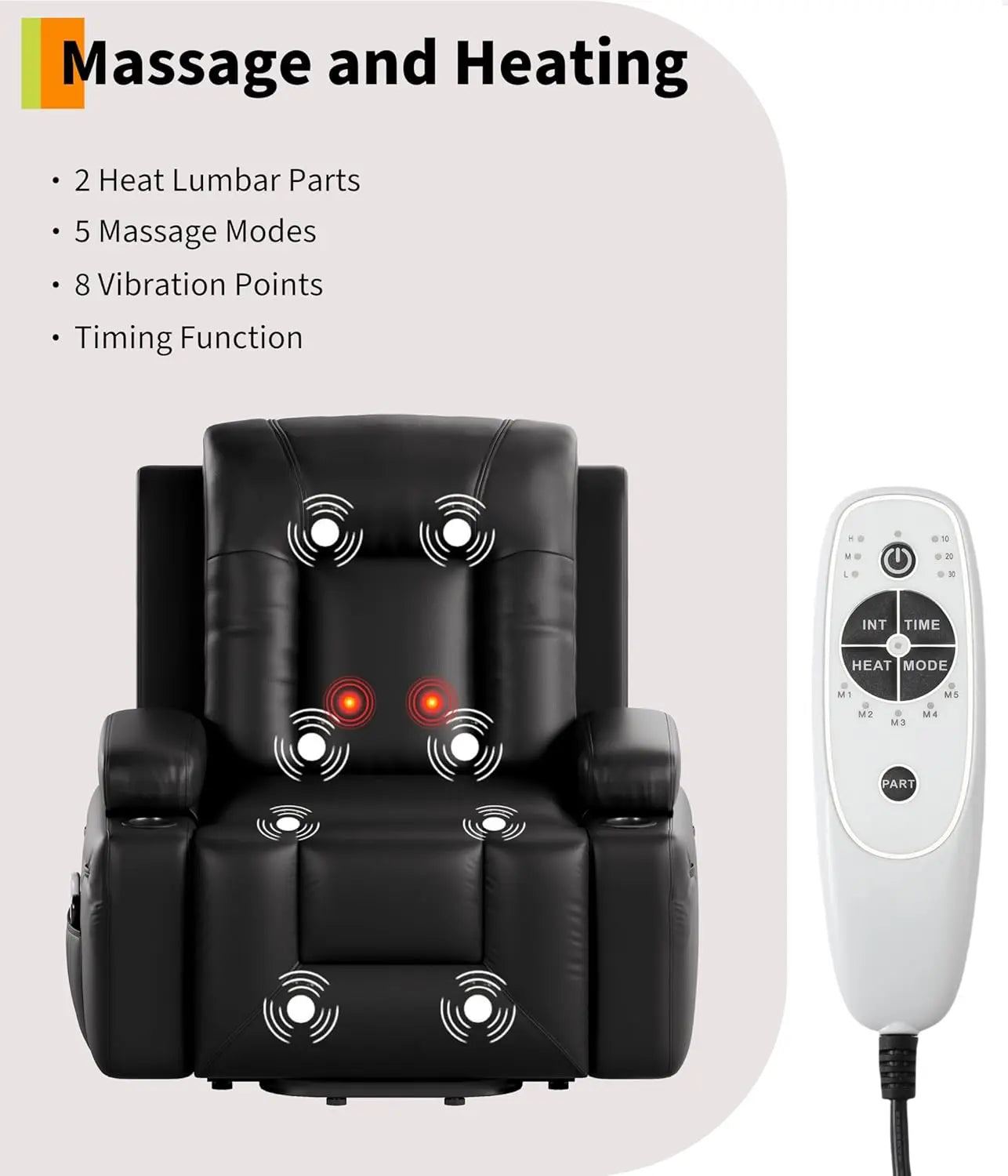 Power Lift Recliner Chair Heat and Massage, PU Leather, Adjustable Back and Legs, Electric Lift Chair Designed for The Elderly