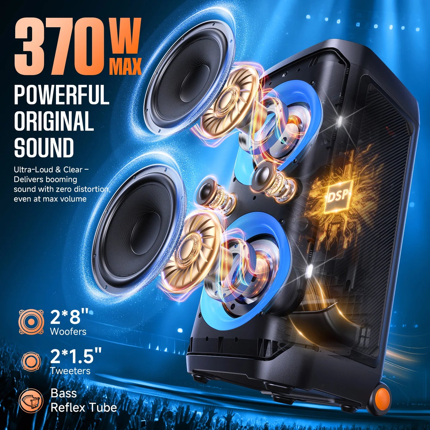 W-KING T12 Tragbare Bluetooth-Lautsprecher-Box mit 370W MAX Pro Sound, Lichtshow, CSB, Bass Boost, Rollen und Teleskopgriff