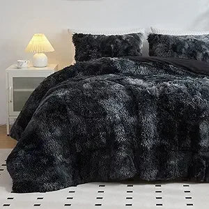 Faux Fur Plush Black Comforter Set Fluffy Fuzzy Shaggy Bedding Set - 3PC King Size Microfiber Soft Warm Quilt Set
