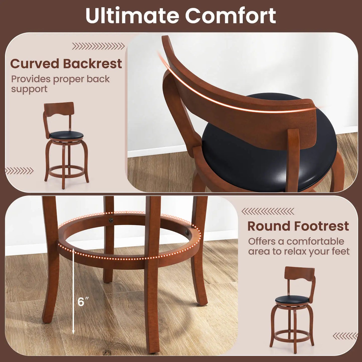 24" Swivel Bar Stools Set of 2 with Rubber Wood Frame Upholstered Seat Footrest