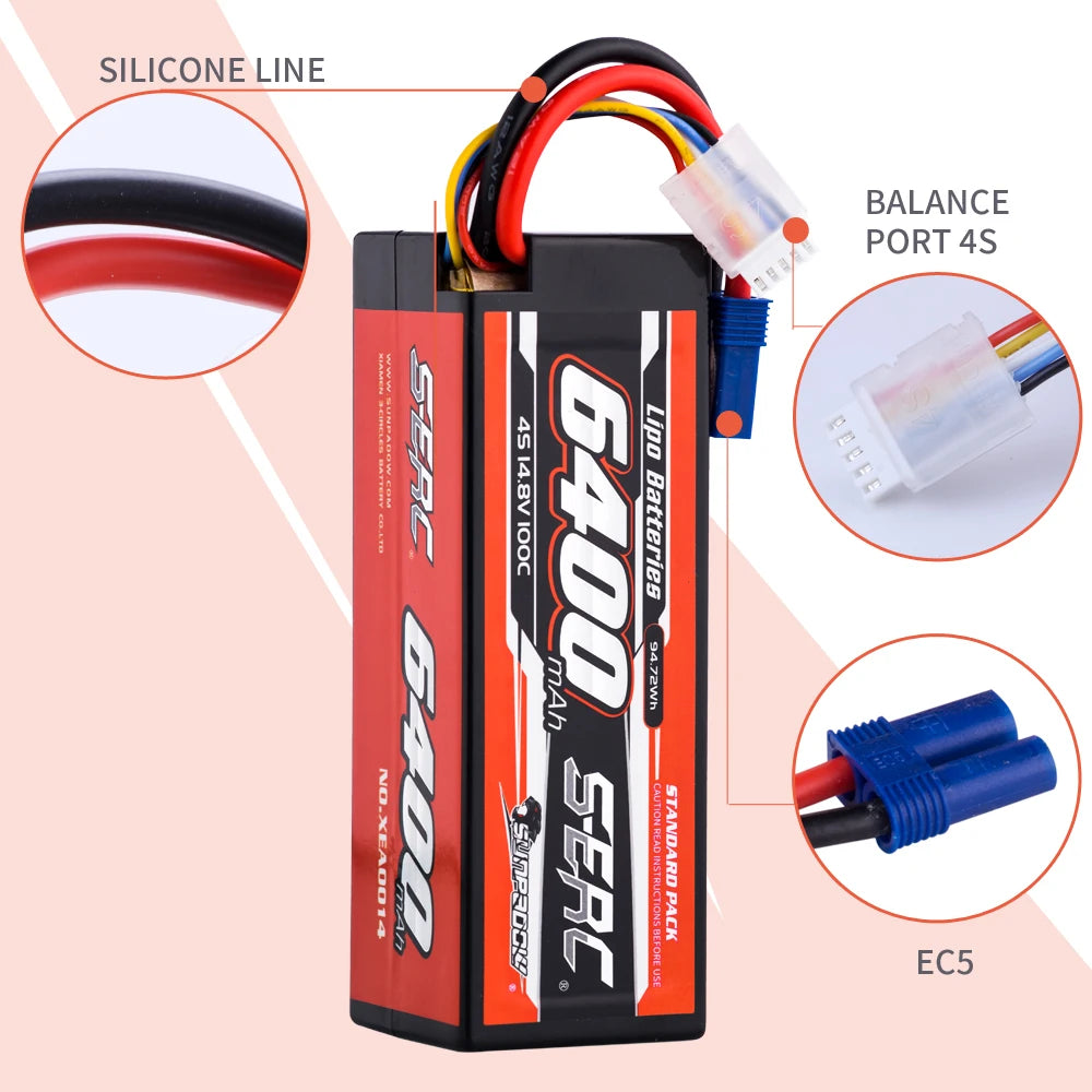 SUNPADOW 2S 3S 4S Lipo Battery for 6400mAh 7.4V 11.1 EC5 Plug 100C for RC Car Plane DJI Truck Tank Buggy Racing Boat Models 2pcs