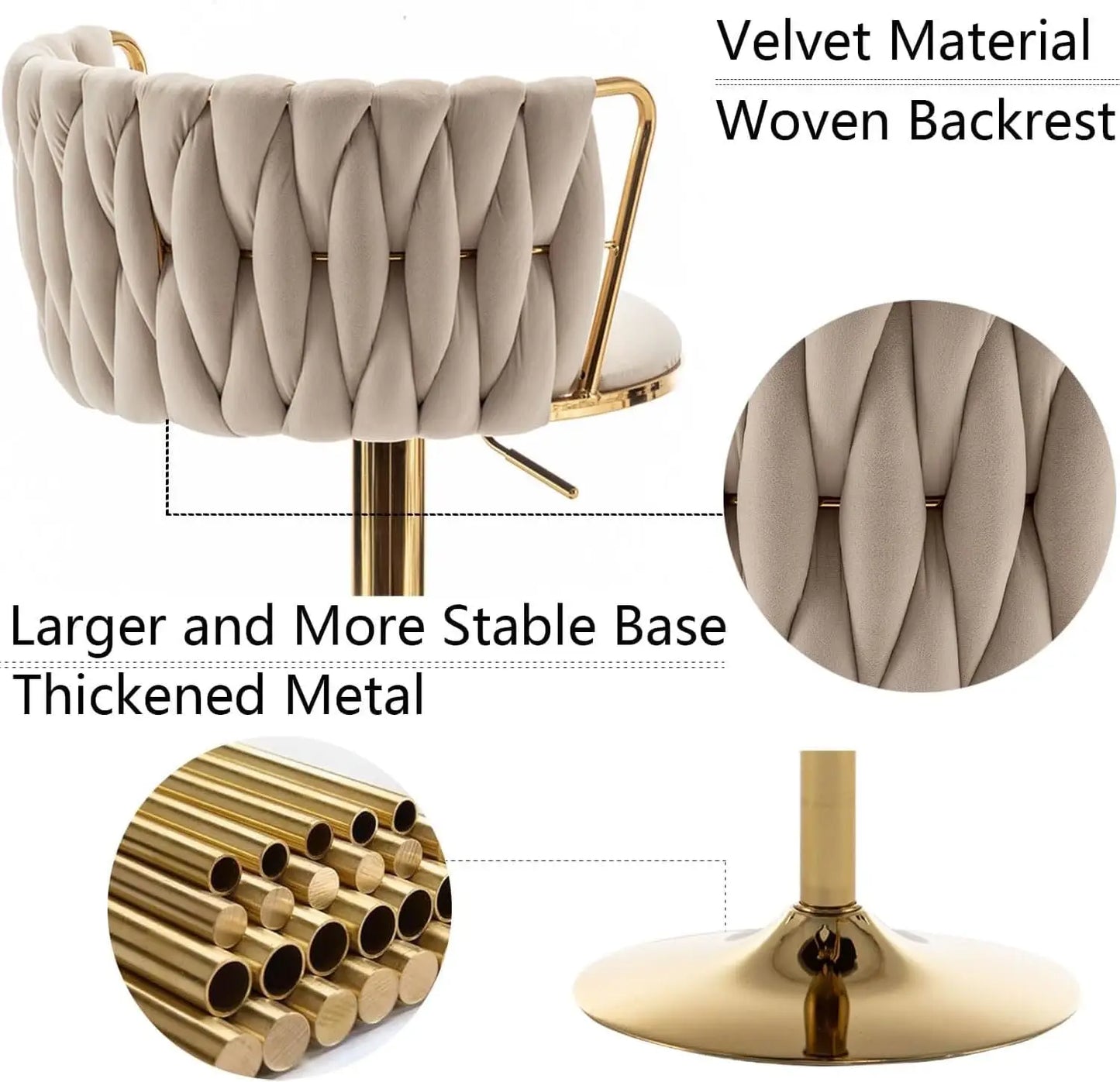 Gold Velvet Bar Stools Set of 3, Swivel Counter Height Bar Stools with Back, Adjustable Woven Barstools for Kitchen Island,