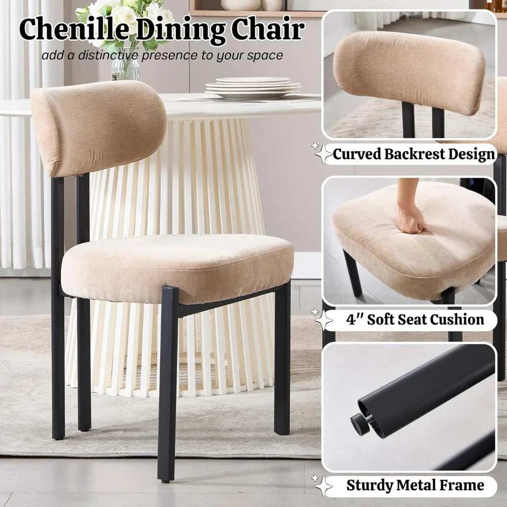 Khaki Dining Chairs Set of 2, Chenille Upholstered Kitchen Chairs with Open Back, Modern Armless Side Chairs with Metal Legs