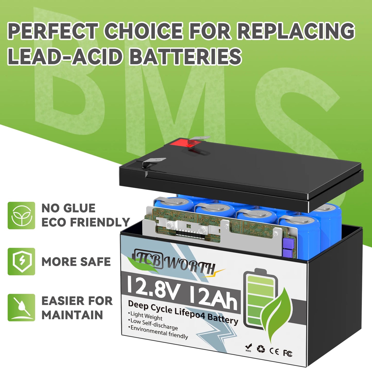 12V 12Ah LiFePO4 Battery,4000+ Deep Cycles,Lithium Iron Phosphate Battery,Built-in BMS,for Power Wheels,Fish Finder,Ride-on Toy