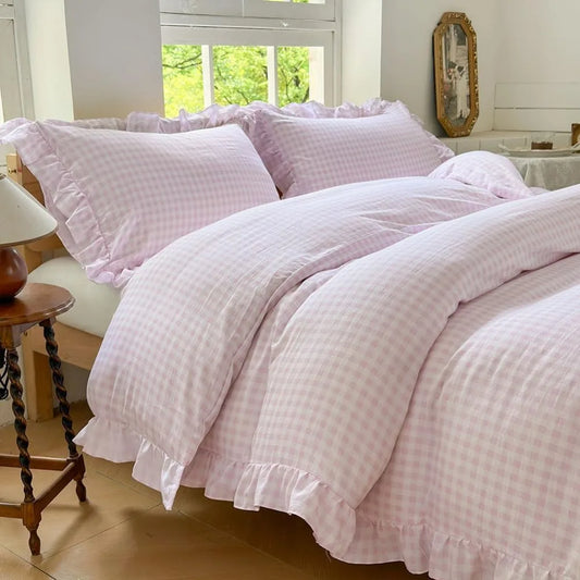Queen Size Pink Gingham Ruffle Duvet Cover Set, 3-Piece Soft Pre-Washed Microfiber Plaid Comforter Cover