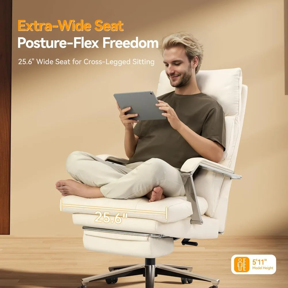 Reclining Office Chair with Footrest - 25.6" Wide Seat & Adjustable Seat Depth, Big and Tall High Back Leather Executive Home