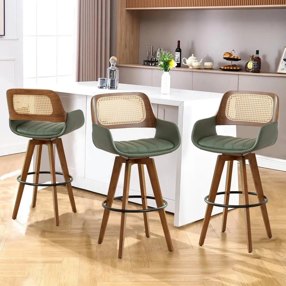 Counter Stools Rattan Swivel Counter Height Bar Stools with Cane Back, Upholstered Seat, Faux Leather Upholstered Furniture