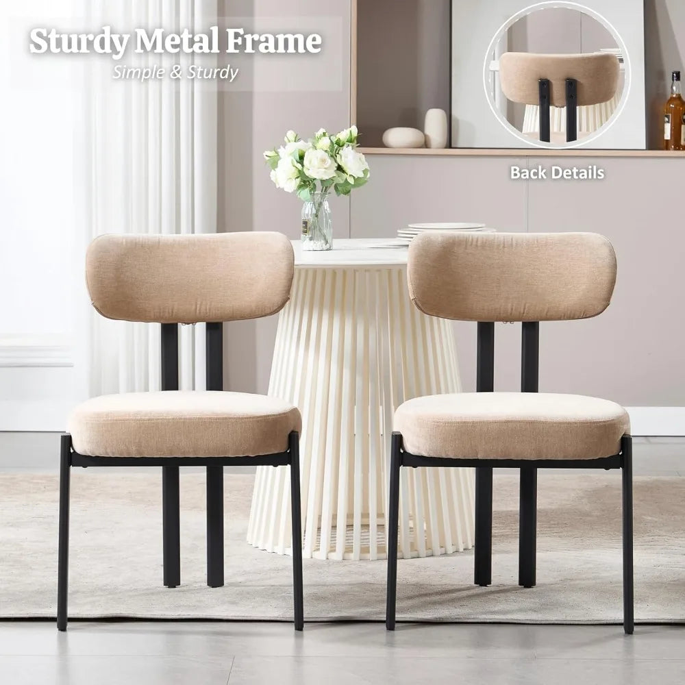 Khaki Dining Chairs Set of 2, Chenille Upholstered Kitchen Chairs with Open Back, Modern Armless Side Chairs with Metal Legs