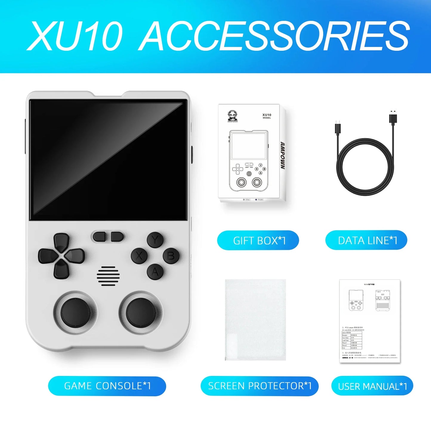 Ampown XU10 Handheld Game Console 3.5" IPS Screen 3000mAh Battery Linux System Built-in Retro Games Portable Video Game Console