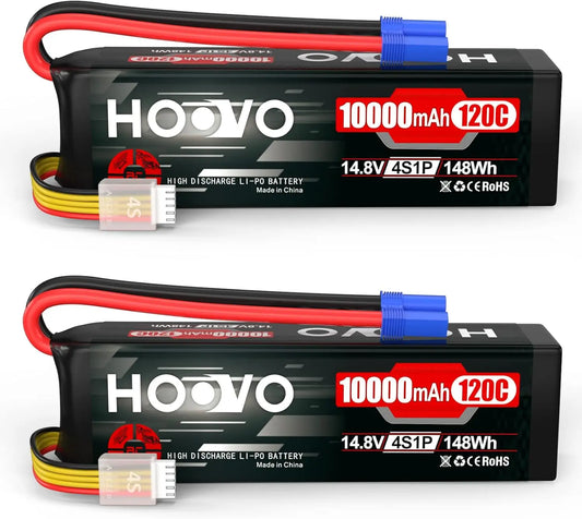 HOOVO 2Pcs 4S Lipo Battery 14.8V 10000mAh 120C Soft Case RC Battery EC5 Plug for RC Cars Drones DJI FPV RC Plane Racing Hobby