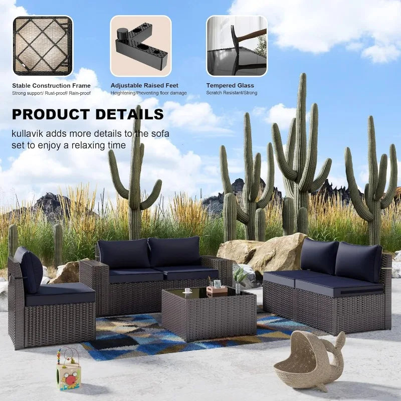 Kullavik 6PCS Outdoor Patio Furniture Set PE Wicker Rattan Sectional Sofa Patio Conversation Sets,Navy Blue