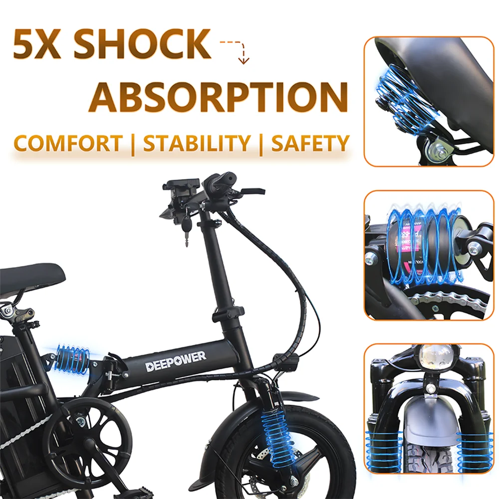Deepower 14 Inch Foldable Electric Bicycle 400W Motor 48V 15AH Adult Mini Electric Bike Suitable for City Commuting Travel EBike