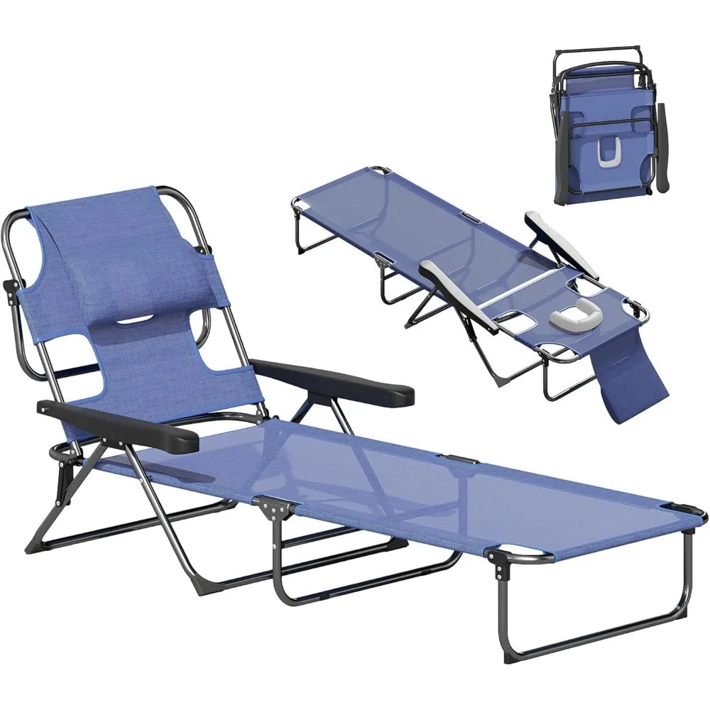4-Position Beach Chair with Face & Arm Holes, Pillow headrest, Adjustable Sunbathing Chair, Gray