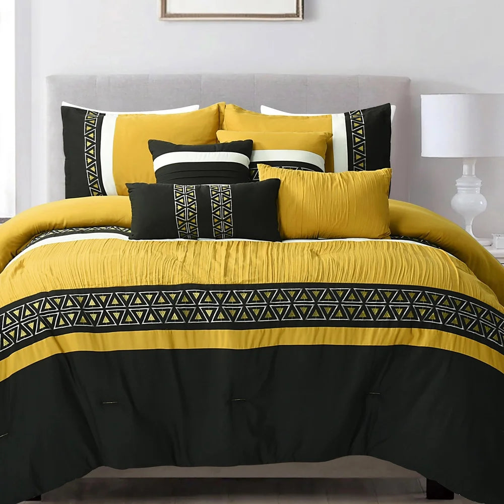 Luxurious 7 Piece Yellow Embroidered Queen Bedding Set Modern Comforter Soft Microfiber Hypoallergenic Machine Washable Perfect
