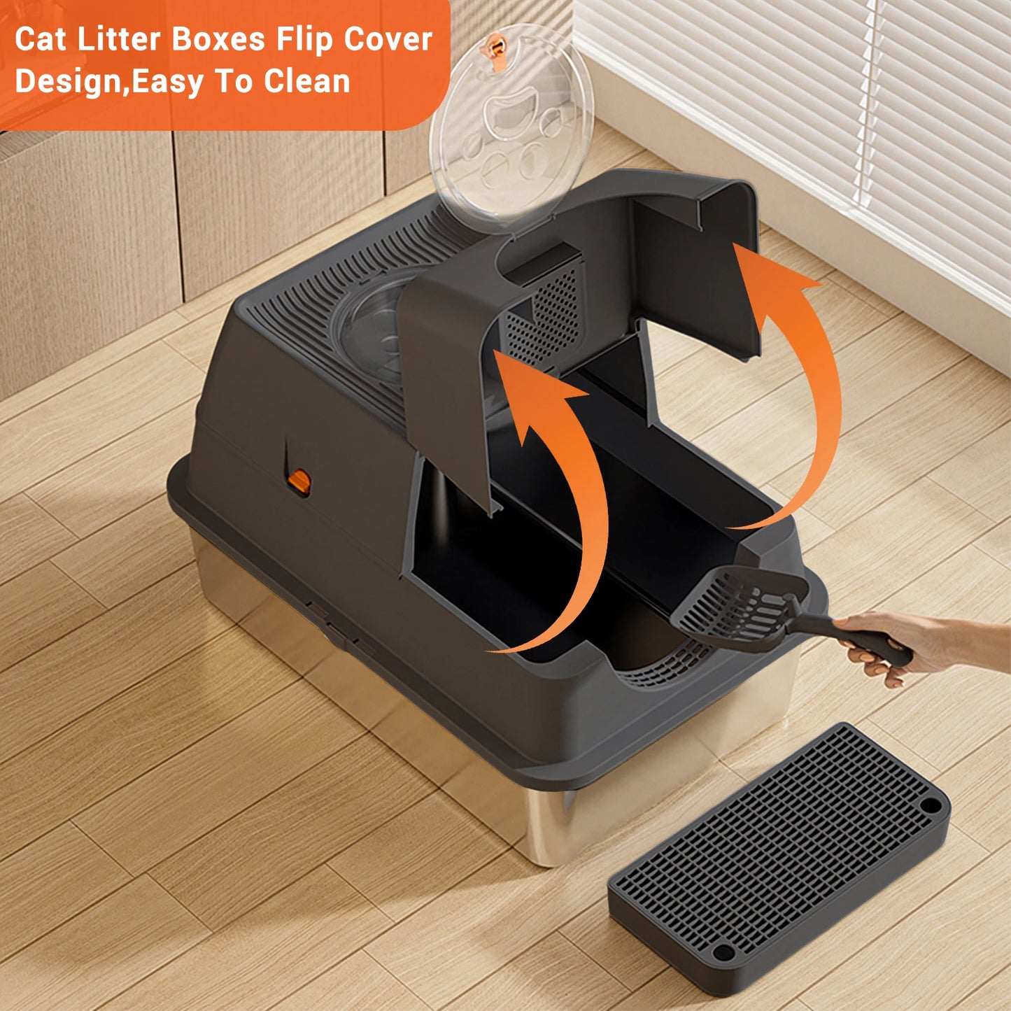 Stainless Steel Cat Litter Box, High Sided Enclosure Cat Toilet With Lid, Front And Top Door, Sand Filter Pedal & Litter Scoop