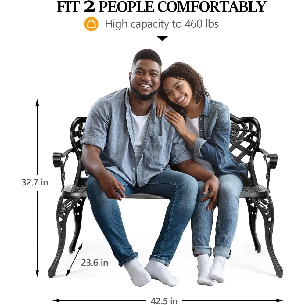 42.5" Outdoor Bench, Antique Cast Aluminum Front Porch Bench Metal Garden Benches Cast Iron Benches 2-3 People Seating (Black)