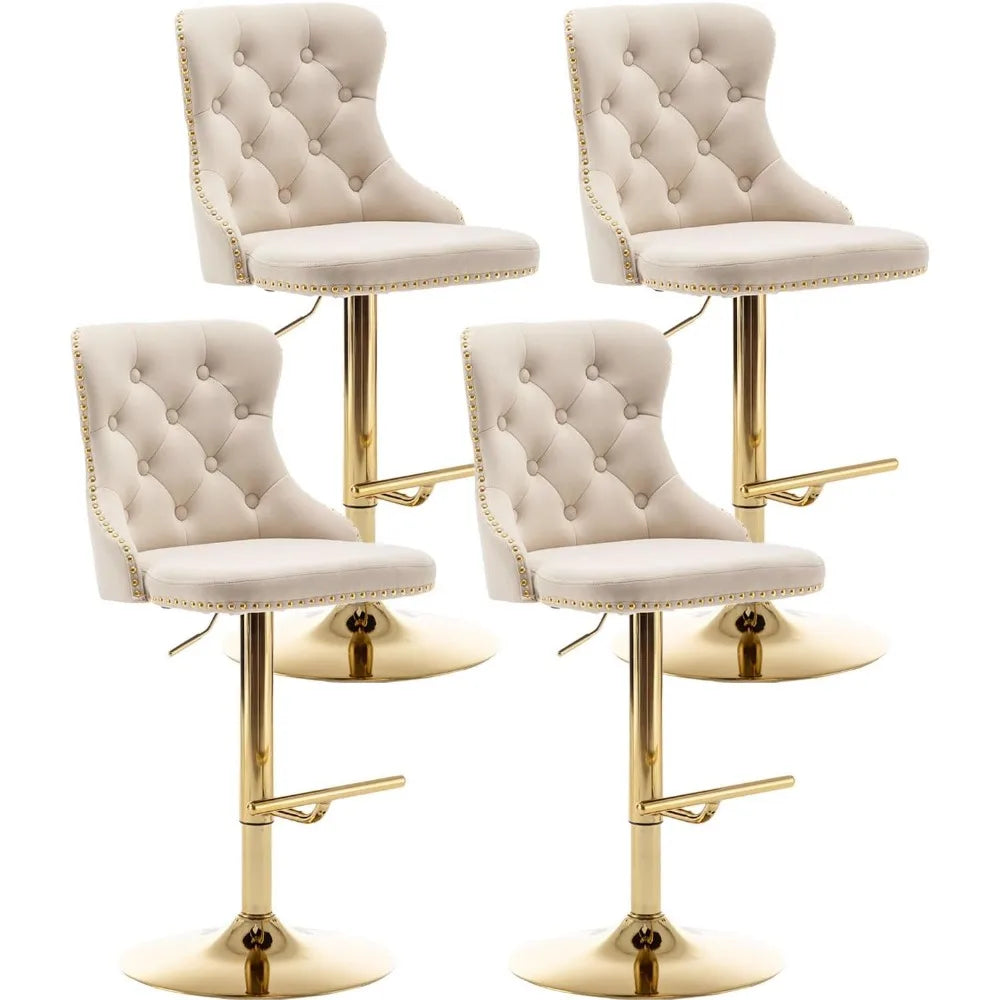 Velvet Bar Stools Set of 4, Counter Height Bar Stools with Button & Nailheads Trim, Gold Swivel Bar Stools for Kitchen Island, B