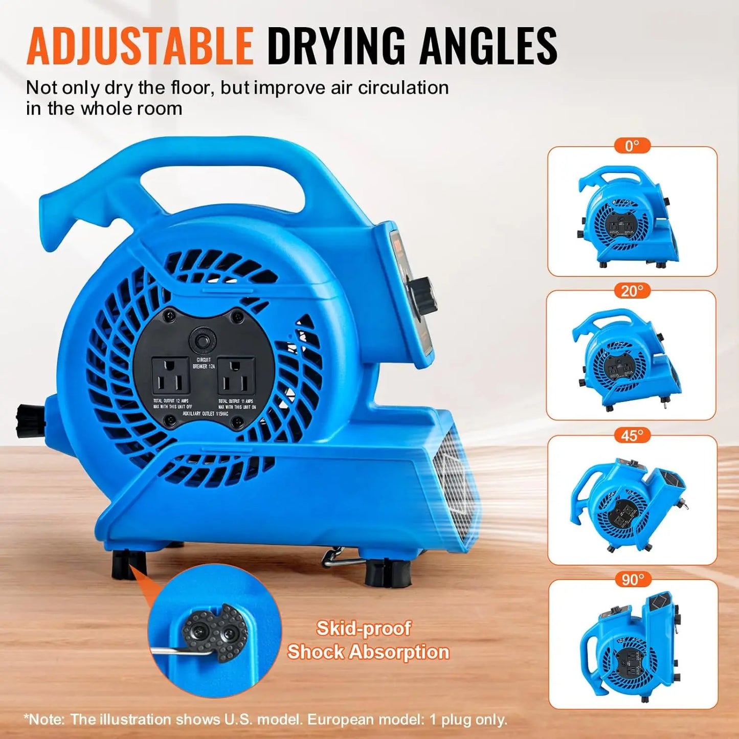 Floor Blower,1360 RPM 600 CFM, Air Mover for Drying and Cooling, Portable Carpet Dryer Fan with 4 Blowing Angles, for Janitorial