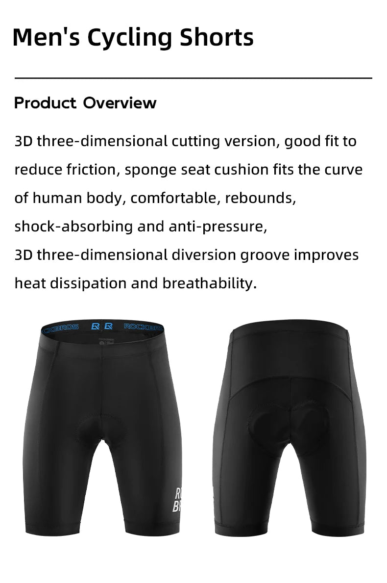 ROCKBROS Men's Cycling Shorts 3D Gel Pad Cycling Underwear Anti-Slip Breathable Bike Bicycle Liner Shorts Men MTB Road Riding