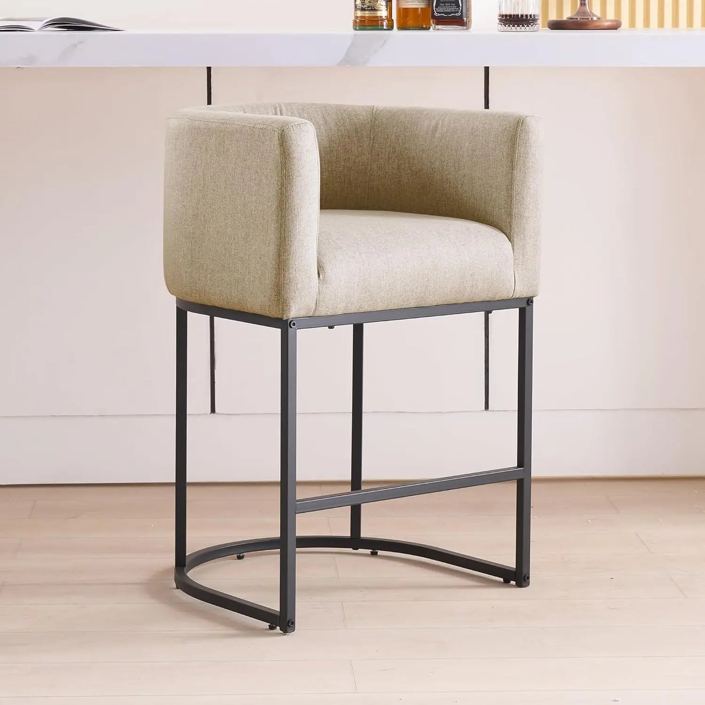 26" H Counter Height Bar Stools Modern Barrel Counter Stools with Backrest and Arms, Black Metal Frames,Fabric