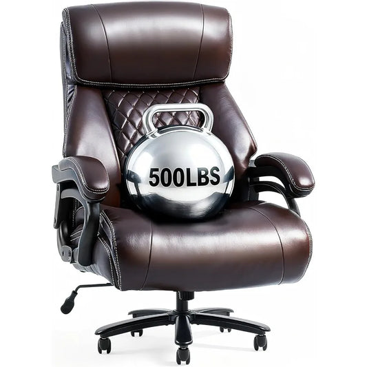 500LBS Big and Tall Office Chair Leather Brown Wide Big Seat Cushion High Back Ergonomic Chair with Adjustable Lumbar Support C