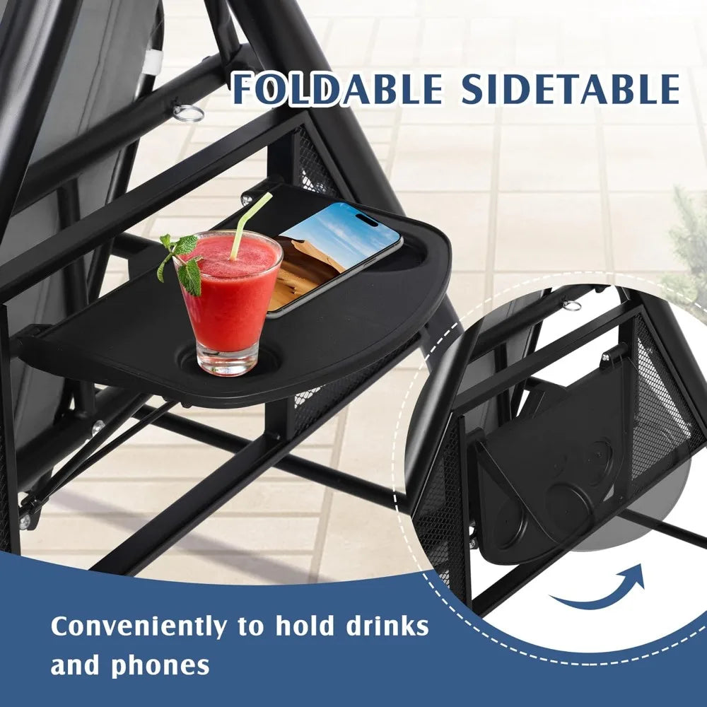 3-Seat Outdoor Porch Swing with Adjustable Canopy, 3 Person Convertible Porch Swing Bed with Stand, Heavy Duty Patio Swing with