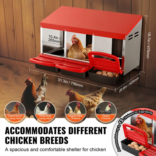 3-Compartment Chicken Nest Box Metal Box with Inclined Nesting Boxes