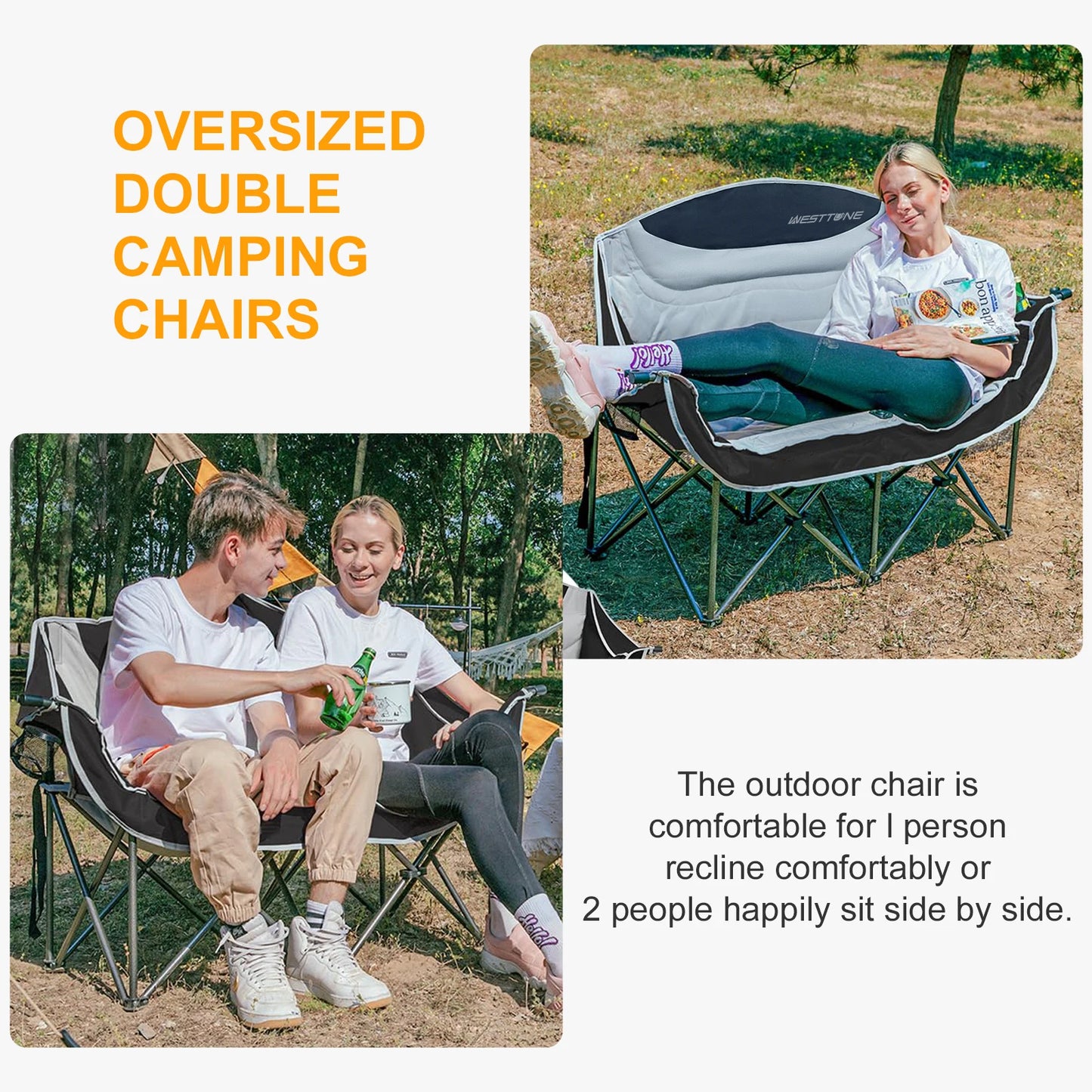 WESTTUNE Double Camping Chair Oversized Loveseat Outdoor Couch Heavy Duty Outdoor Folding Chair with Cup Holder Support 440 lbs
