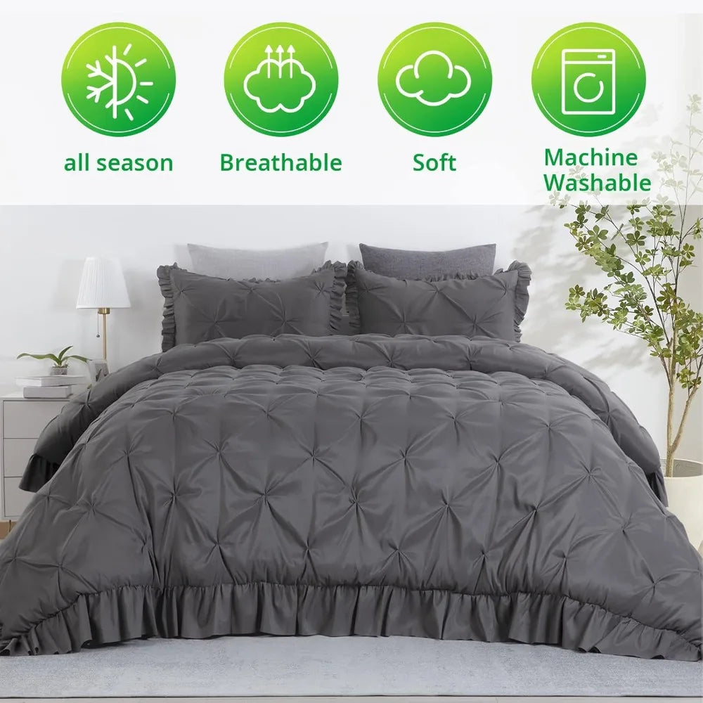 Luxurious Oversized King Size Comforter Set with Ultra Soft Pinch Pleat Design and Pintuck Ruffles for All