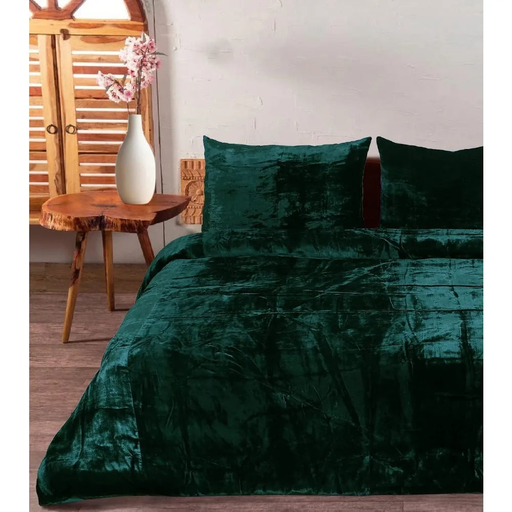 Ultra Luxury Rayon Velvet Boho Duvet Cover Set - Solid Dark Green Oversized King Size Bedding Comforter Cover