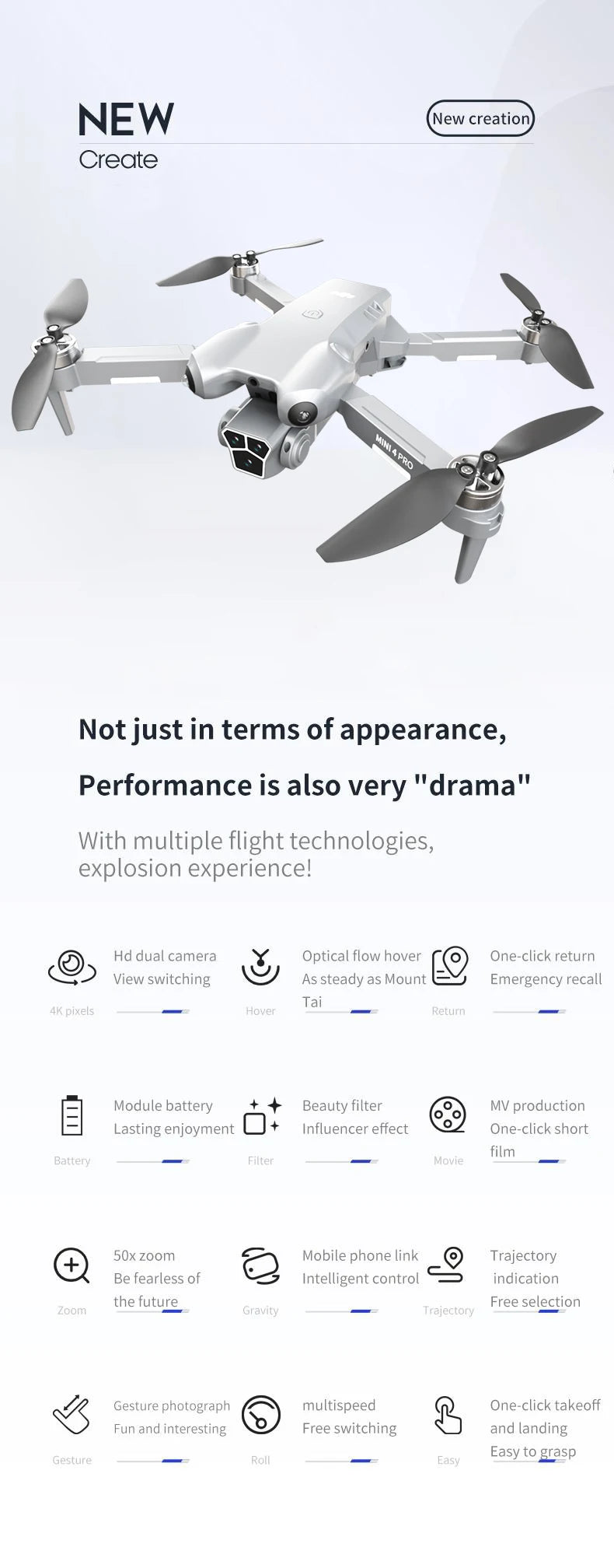 H10 drone, 8K camera intelligent obstacle avoidance, optical flow positioning precise hovering shooting,