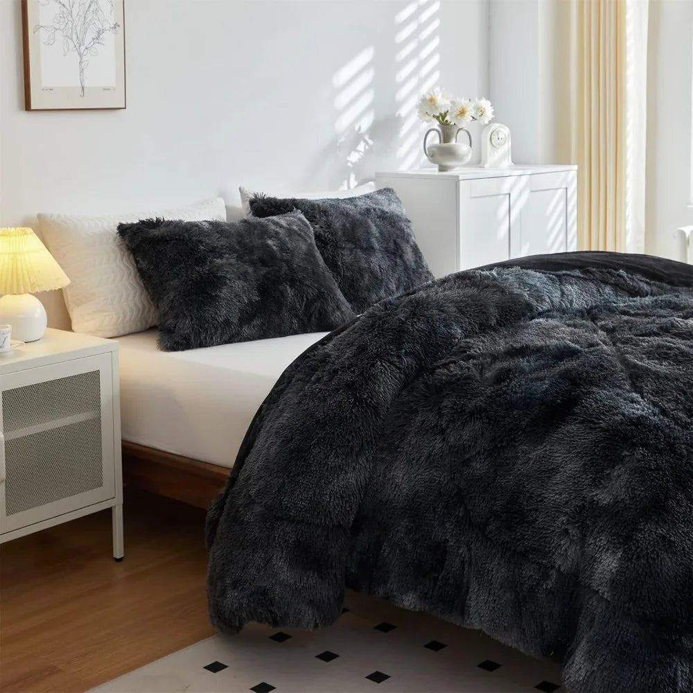 Faux Fur Plush Black Comforter Set Fluffy Fuzzy Shaggy Bedding Set - 3PC King Size Microfiber Soft Warm Quilt Set