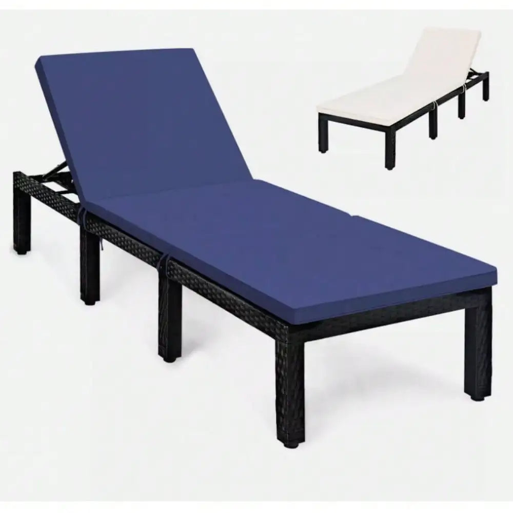 Patio Lounge Chair Rattan Chaise w/ Adjustable Navy & White Cushioned