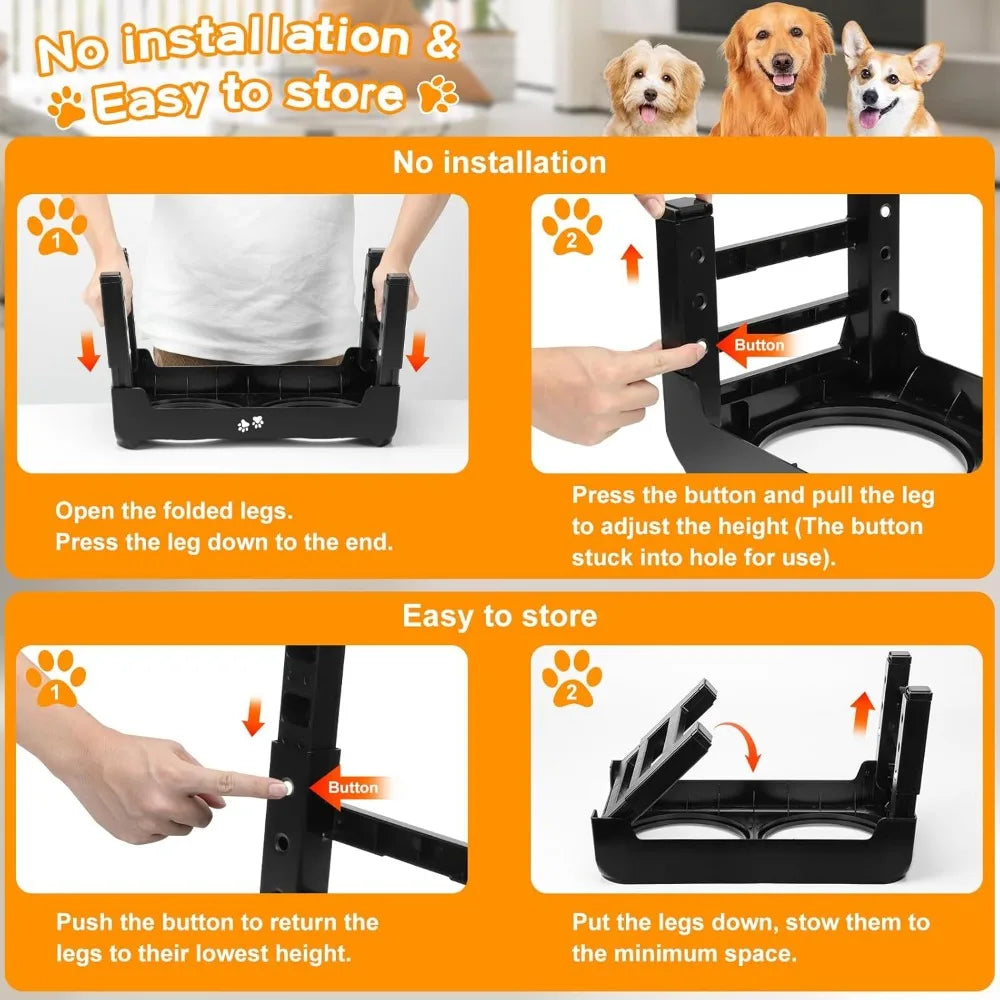 Elevated 2-in-1 Dog Feeder With Slow Feeder and Water Bowl, 4 Heights Adjustable Raised Stand, Non-Slip Food Bowl for Medium Lar