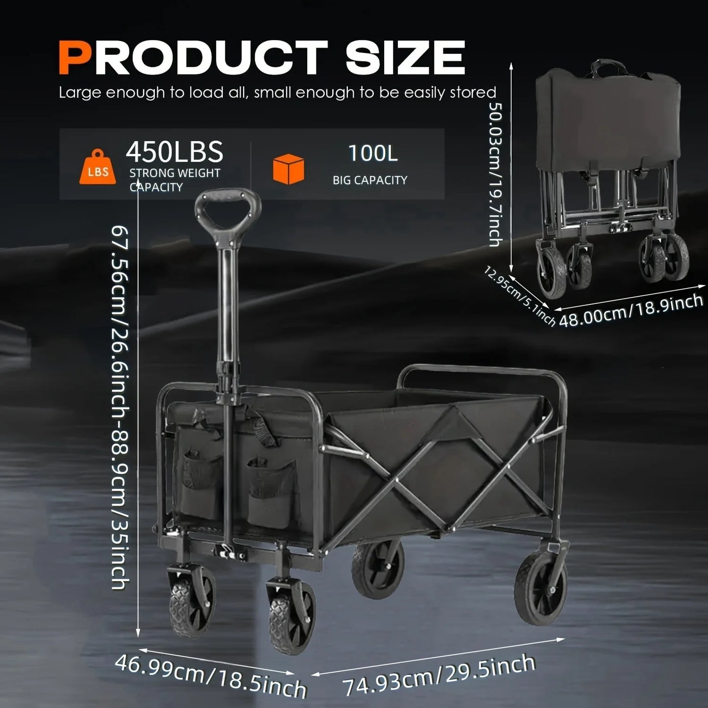 450 lbs Folding Trolley, Heavy Duty Utility Portable Foldable Outdoor Beach Field Trolley with 360° All Terrain Wheels, Side Bag