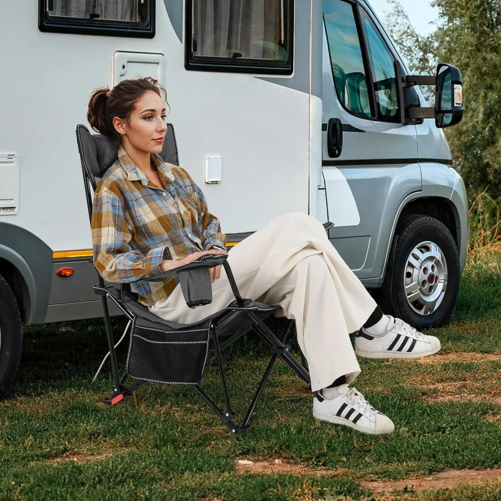 Camping Lounge Chair w/Detachable Footrest, Folding Beach Chair w/4-position Backrest, Carrying Bag, Removable Pillow,Cup Holder