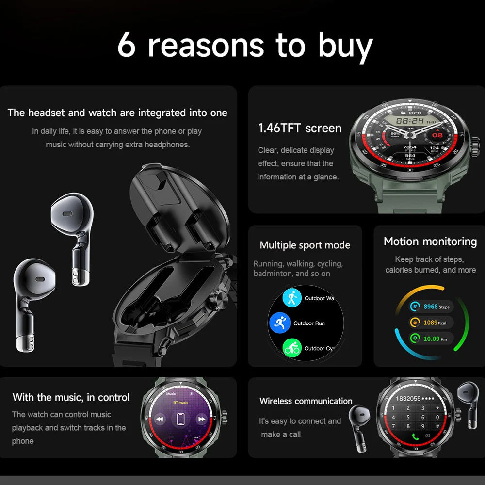 EFFEOKKI 2 in 1 Smart Watch with Earbuds Round Screen Fitness Watch for Men NFC Multiple Sport Compatible with iPhone Android