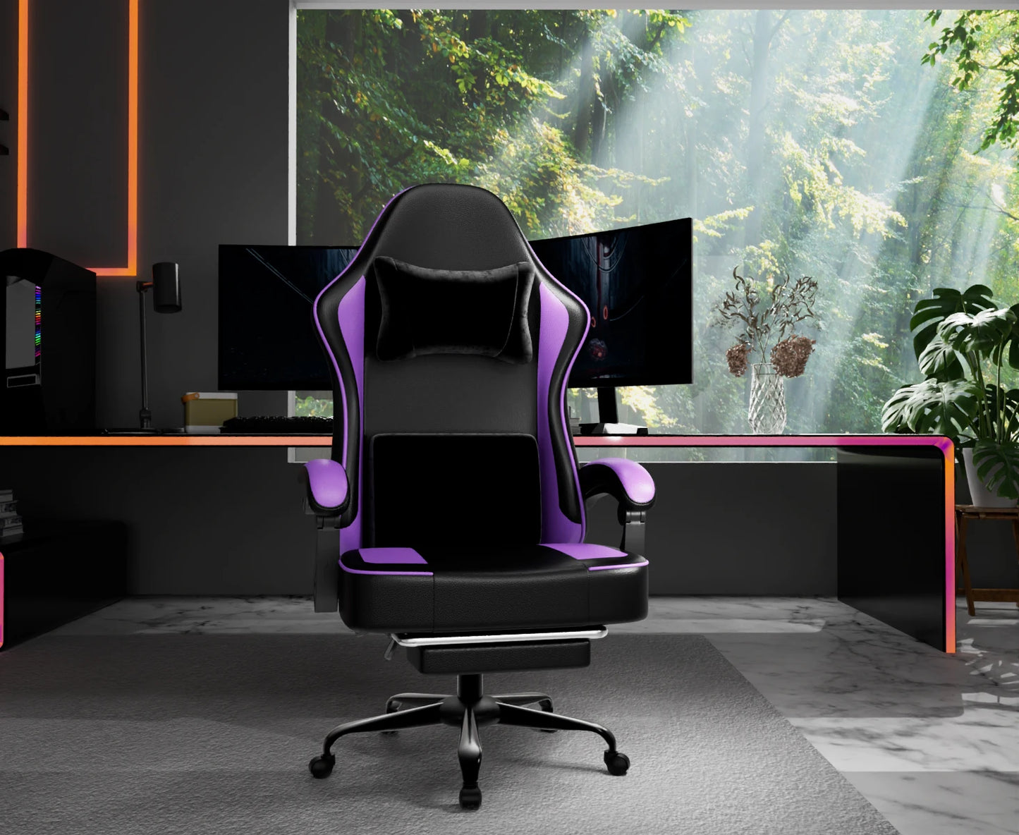 Gaming Chair with Pocket Spring Cushion and Footrest, Ergonomic Computer Chair for Adults, Breathable PU Leather Game Chair, Adj