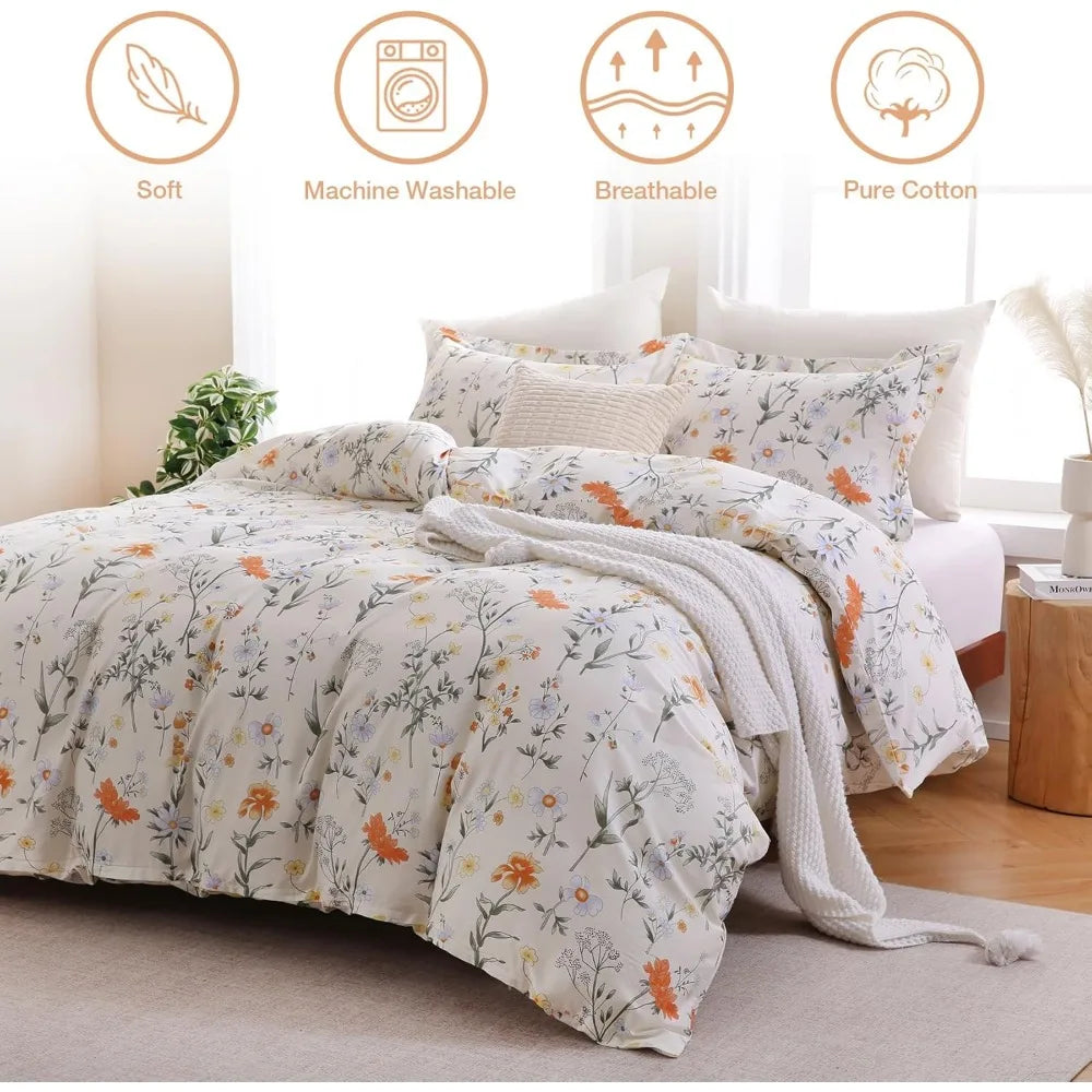 100% Cotton Duvet Cover Queen Size, Floral Reversible Duvet Cover Set with Zipper Closure, Soft 3 Pieces Bedding Set with 2 Pill