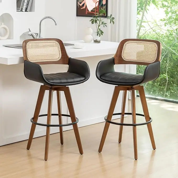 Counter Stools Rattan Swivel Counter Height Bar Stools with Cane Back, Upholstered Seat, Faux Leather Upholstered Furniture