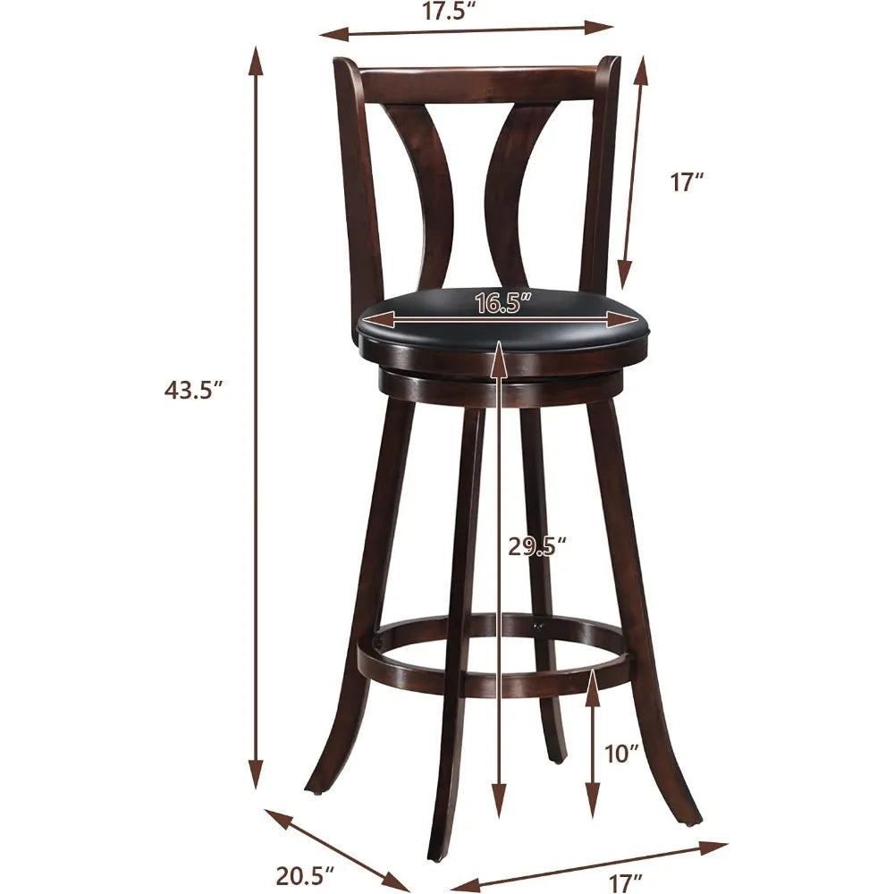Set of 2 Swivel Bar Stools with Leather Seats, Single Slat Back, Solid Rubber Wood Legs