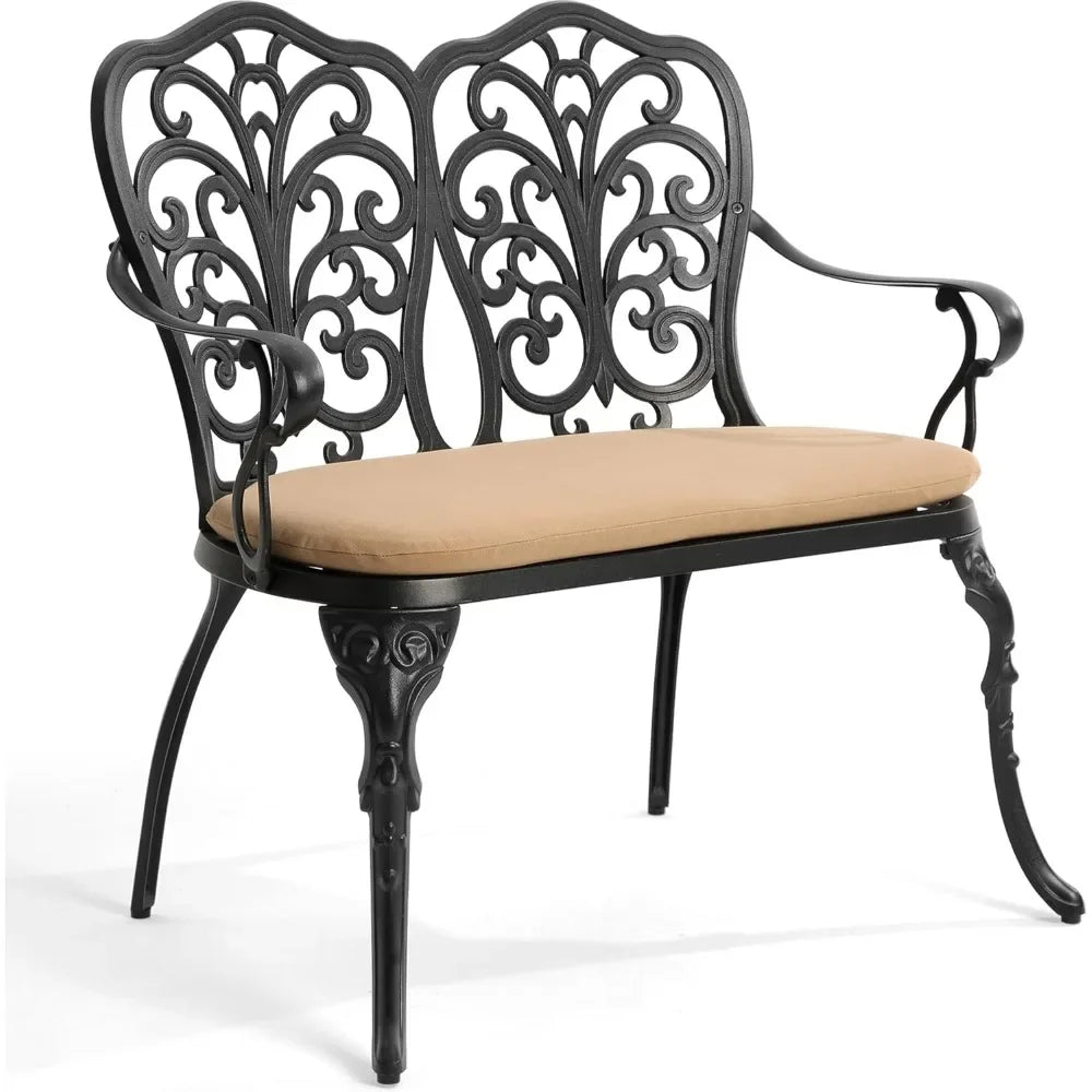 outdoor furniture Outdoor Bench with Cushion - Patio Garden Benches Metal Loveseat Butterfly Cast-Aluminum Outside Furniture