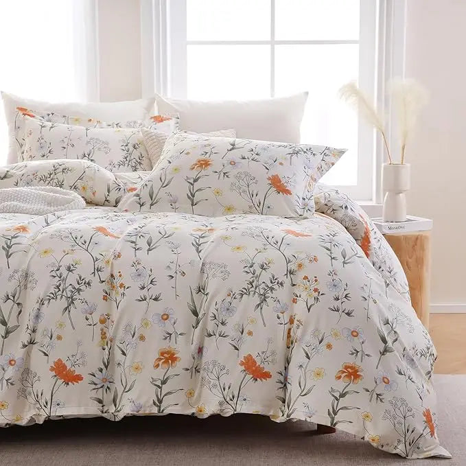100% Cotton Duvet Cover Queen Size, Floral Reversible Duvet Cover Set with Zipper Closure, Soft 3 Pieces Bedding Set with 2 Pill