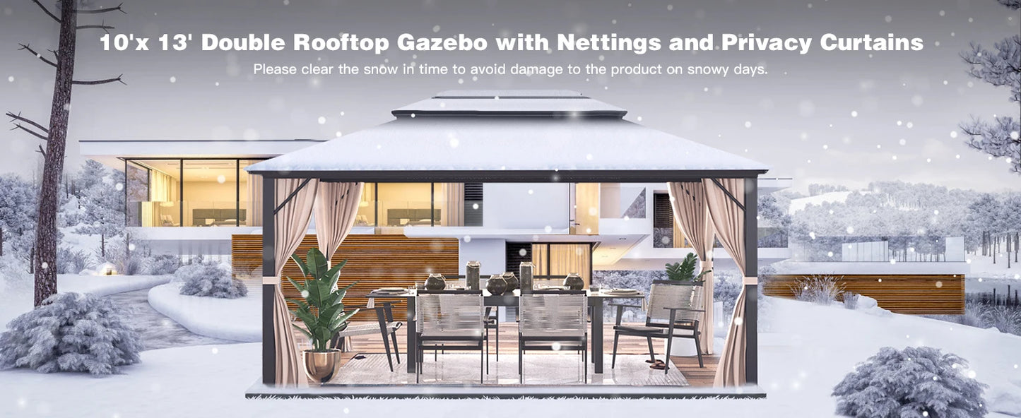 10'x13' Hardtop Gazebo, Outdoor Polycarbonate Double Roof Canopy, Aluminum Frame Permanent Pavilion, Sunshade