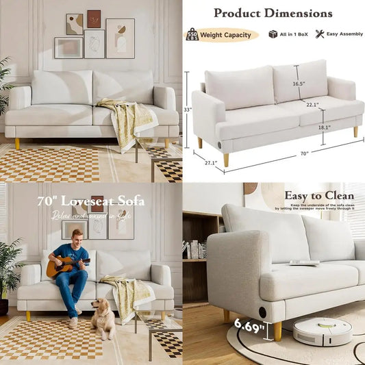 Beige 70" Loveseat Sofa with USB Type C Ports for Living Room, Bedroom, Office, and Apartment