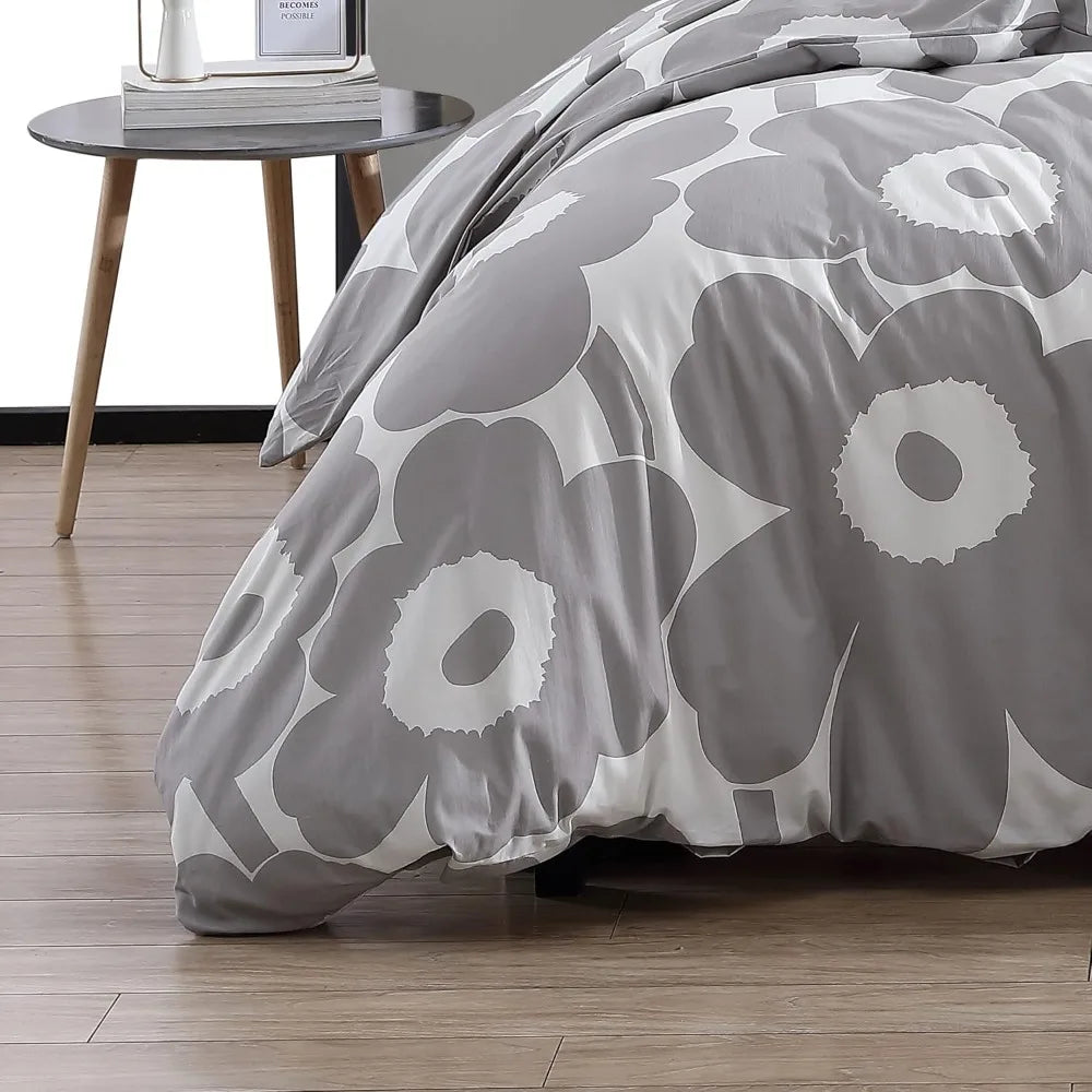 Cotton Queen Duvet Cover Set with Matching Pillow Shams and Button Closure, Suitable for All Seasons Home Decor, Grey Floral Pat